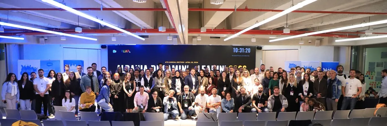 Albania Dreamin’ 2026 attendees together for the group photo at the Pyramid of Tirana