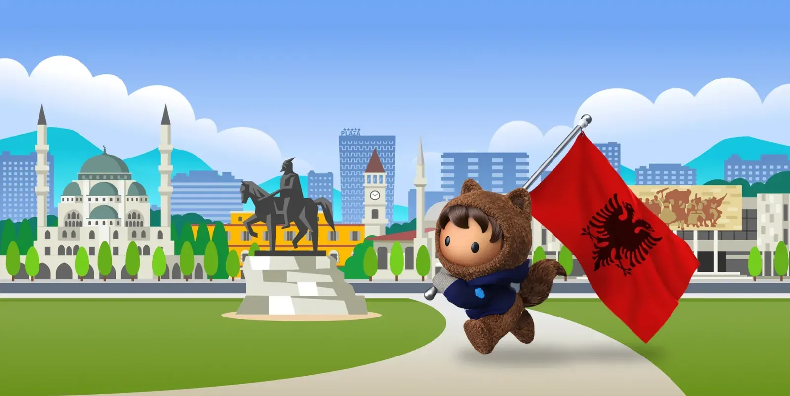 Illustrated Tirana: Skanderbeg Square with its statue, the Clock Tower and mosques, and the Salesforce mascot running across the square with the Albanian flag